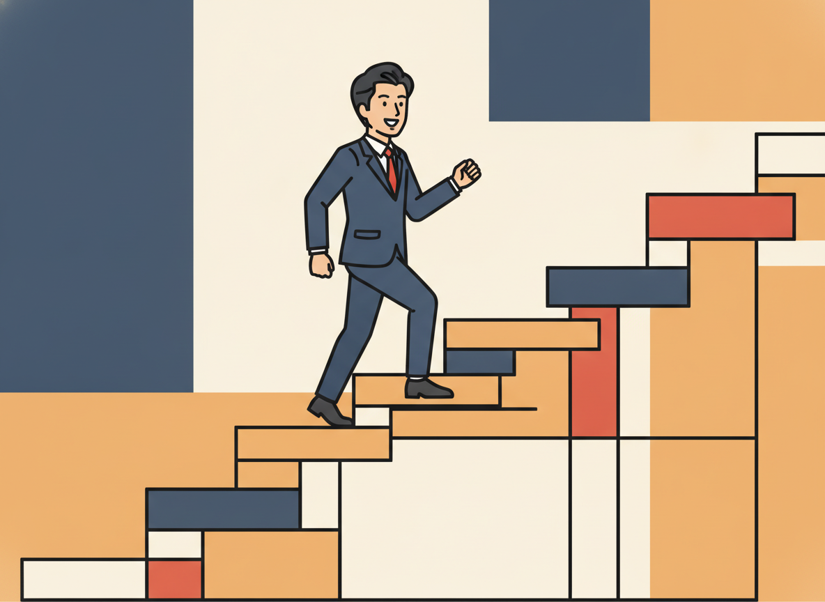 a step-by-step staircase ascending upward, abstract geometric style, warm colors