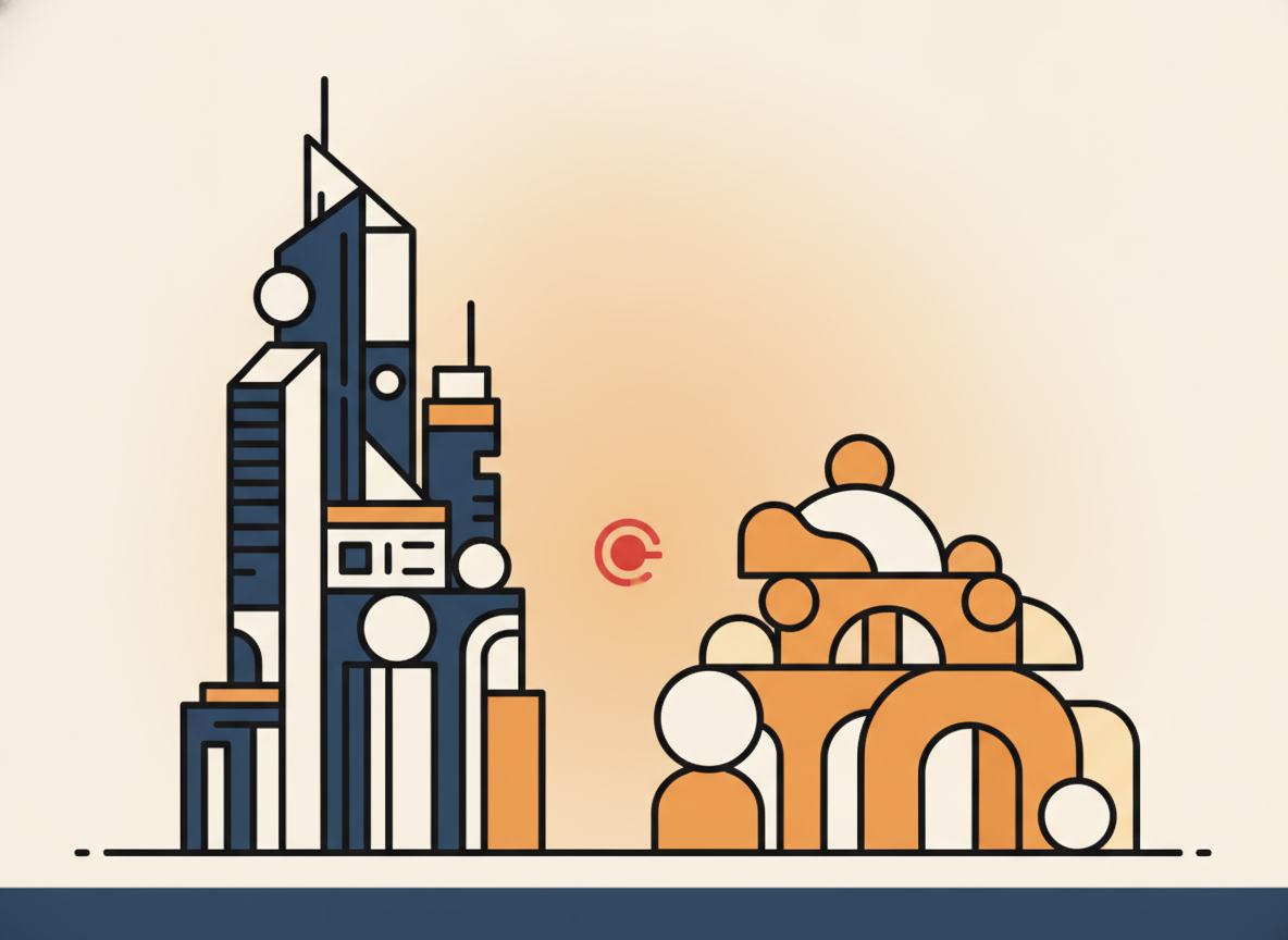 abstract comparison of two different structures, simple geometric shapes, blue and orange tones
