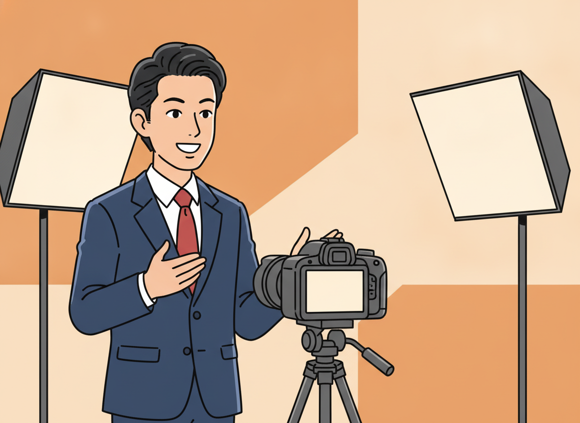a person speaking confidently in front of a camera with soft studio lighting, no text on screen