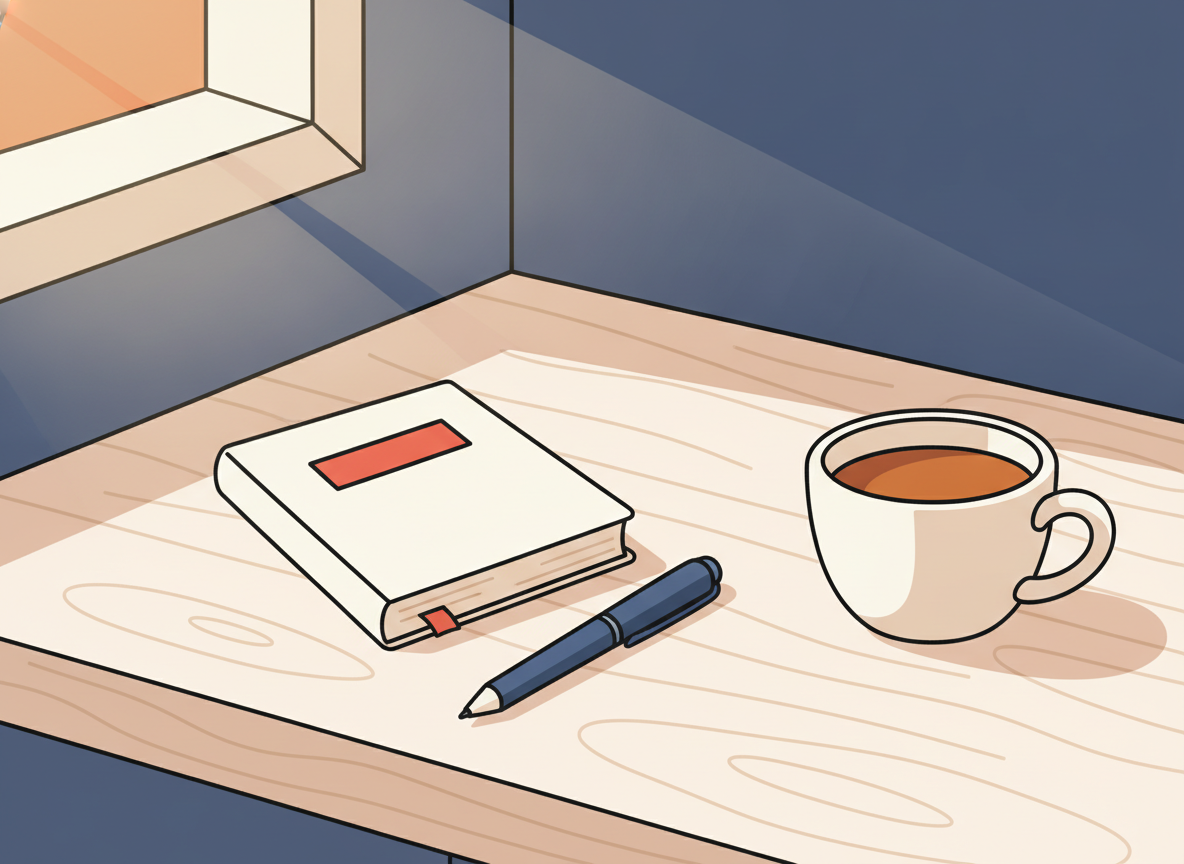a wooden desk with a notebook, a pen, and a cup of coffee, warm morning light, no text
