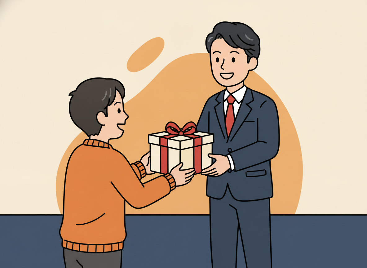 a person handing a gift to another person, warm illustrative style, no text
