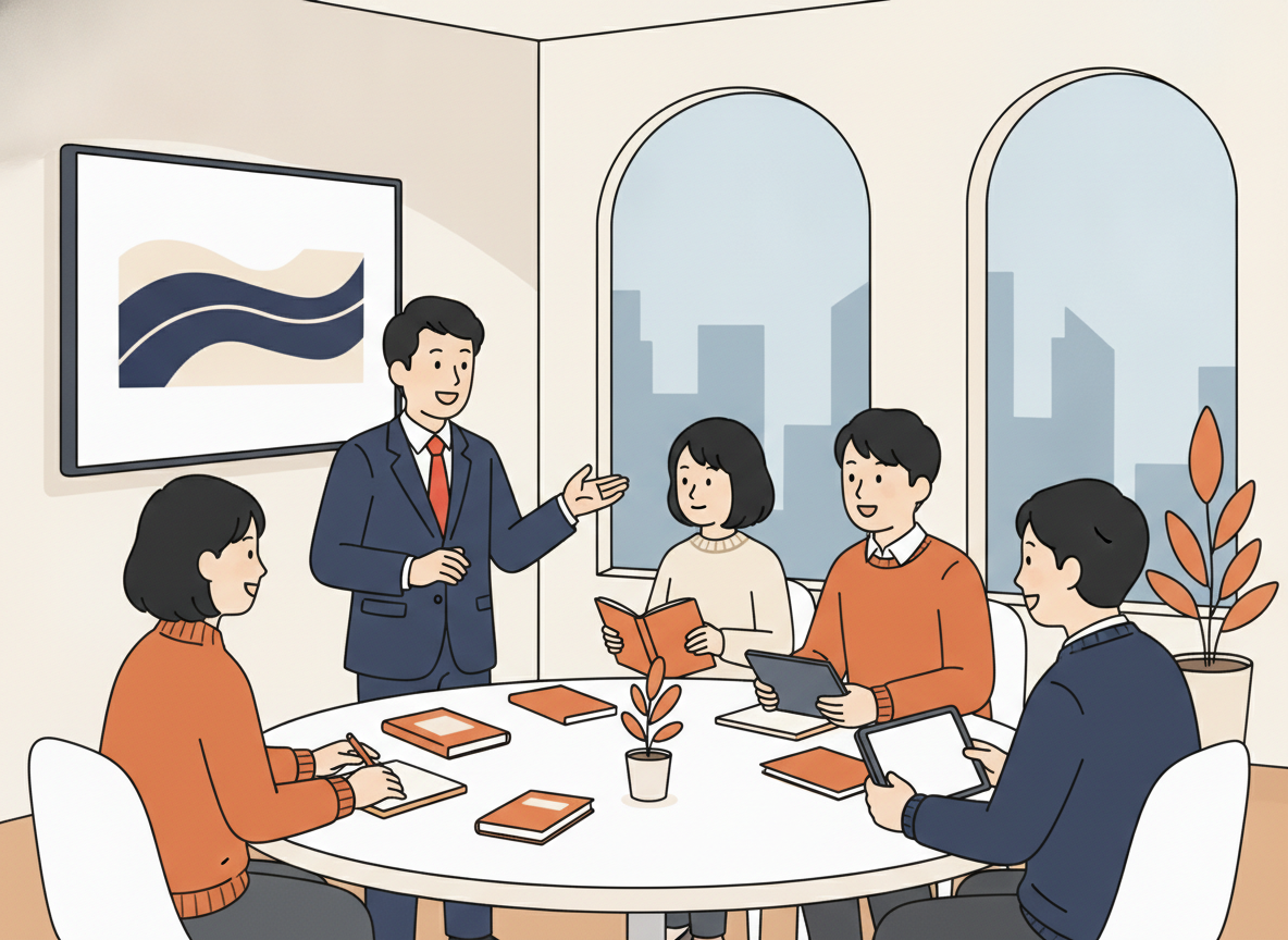 a group of people learning together in a bright modern space, collaborative atmosphere, no text on screen