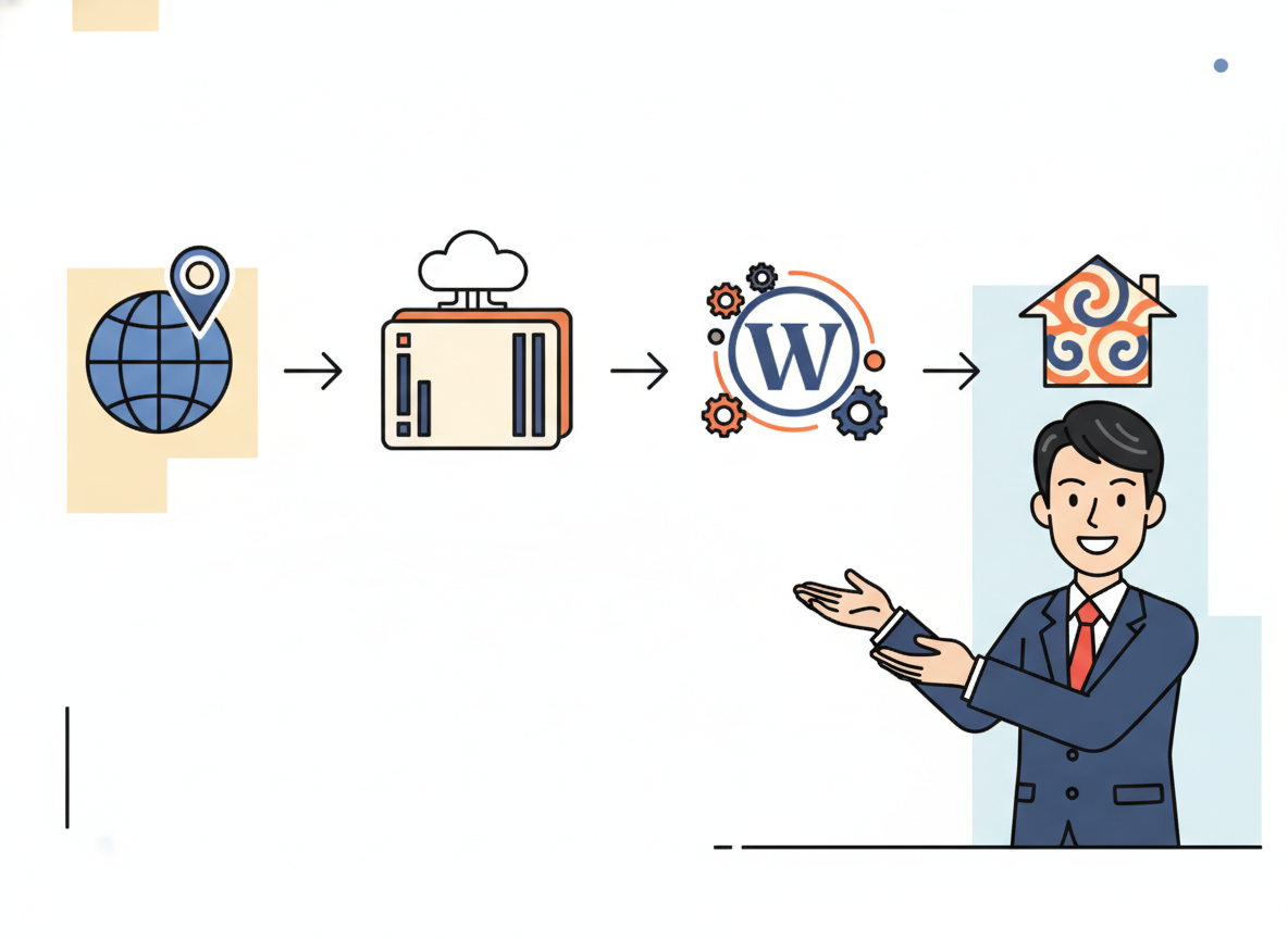 30秒まとめのインフォグラフィック:ドメイン・サーバー・WordPress・テーマの4ステップ図解