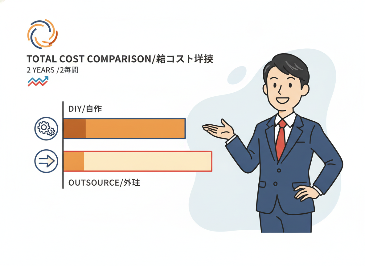 自作vs外注の2年間総コスト比較(円グラフまたは棒グラフ)