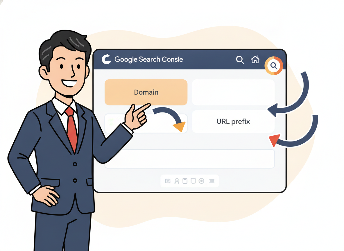 Googleサーチコンソール登録画面のスクリーンショット(ひとり社長向けに手順を矢印で説明)