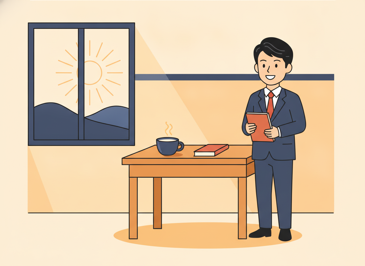 a calm morning scene with a wooden desk, a cup of coffee, and gentle window light