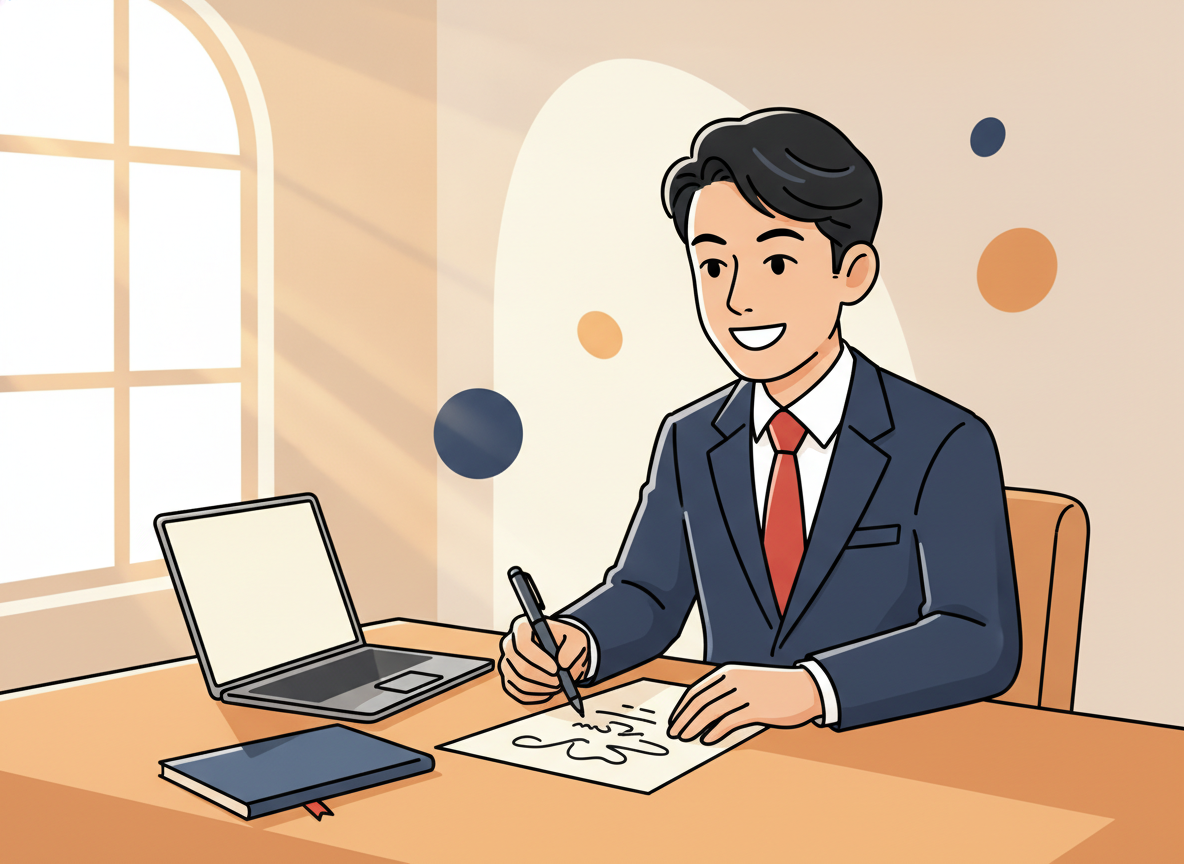 a person writing on paper at a desk with a laptop open beside them, natural light