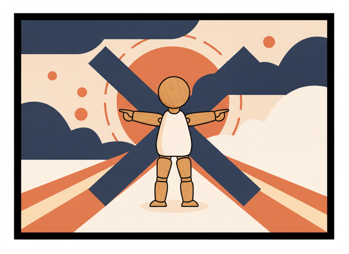 a small wooden figure standing at a crossroads, abstract background