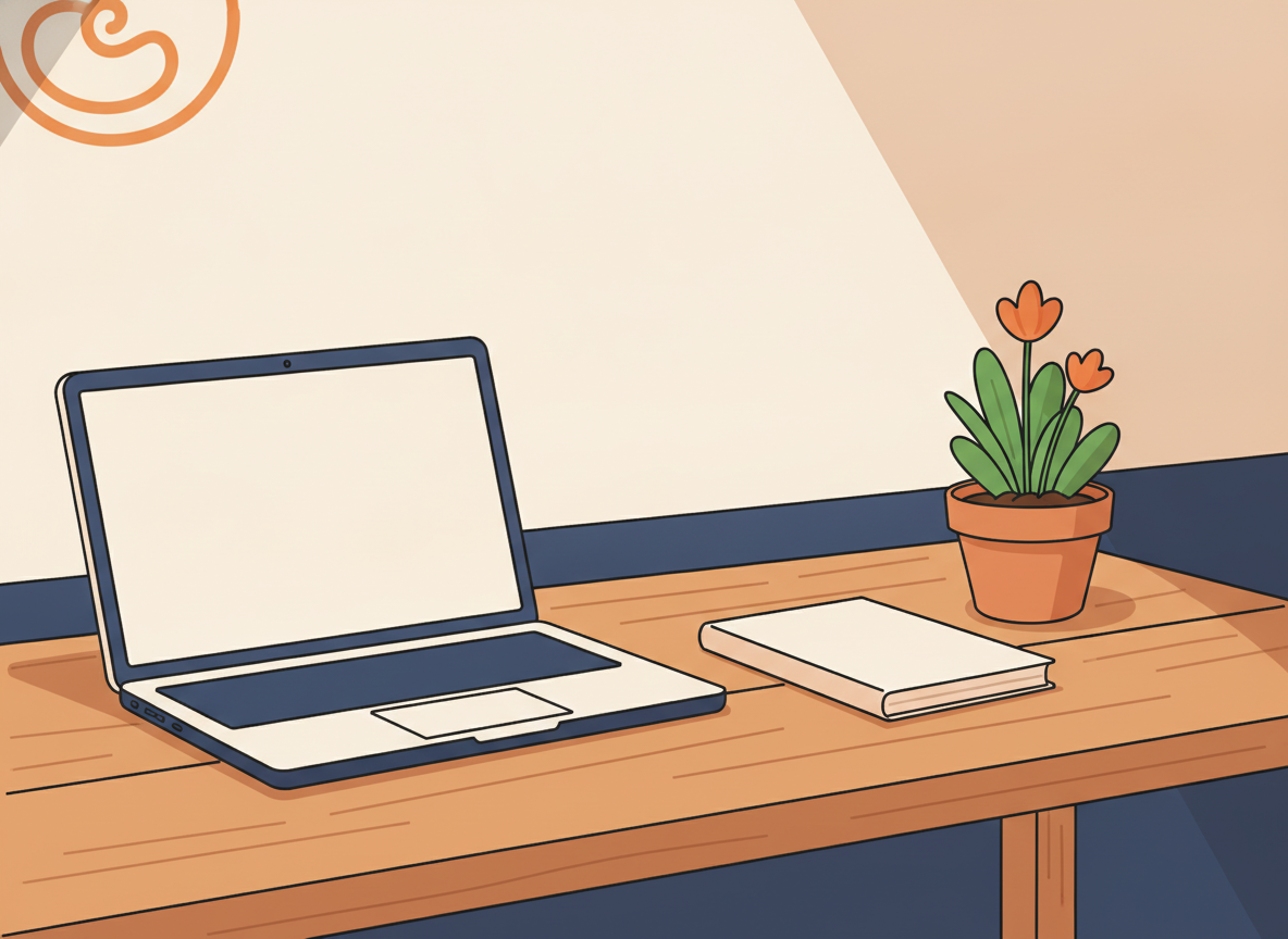 a tidy wooden desk with a laptop, a notebook, and a small plant, warm light