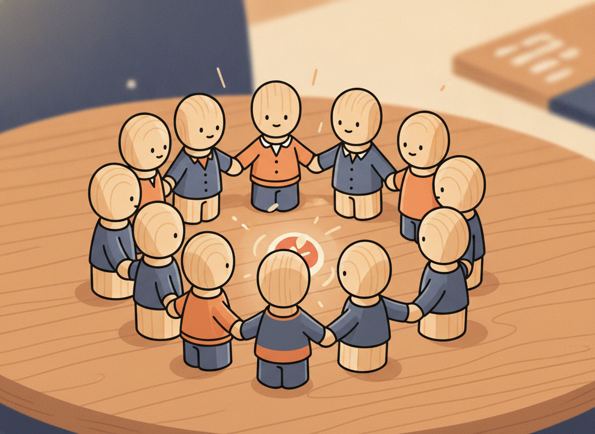 a group of small wooden figures arranged in a circle on a table, warm light, teamwork concept