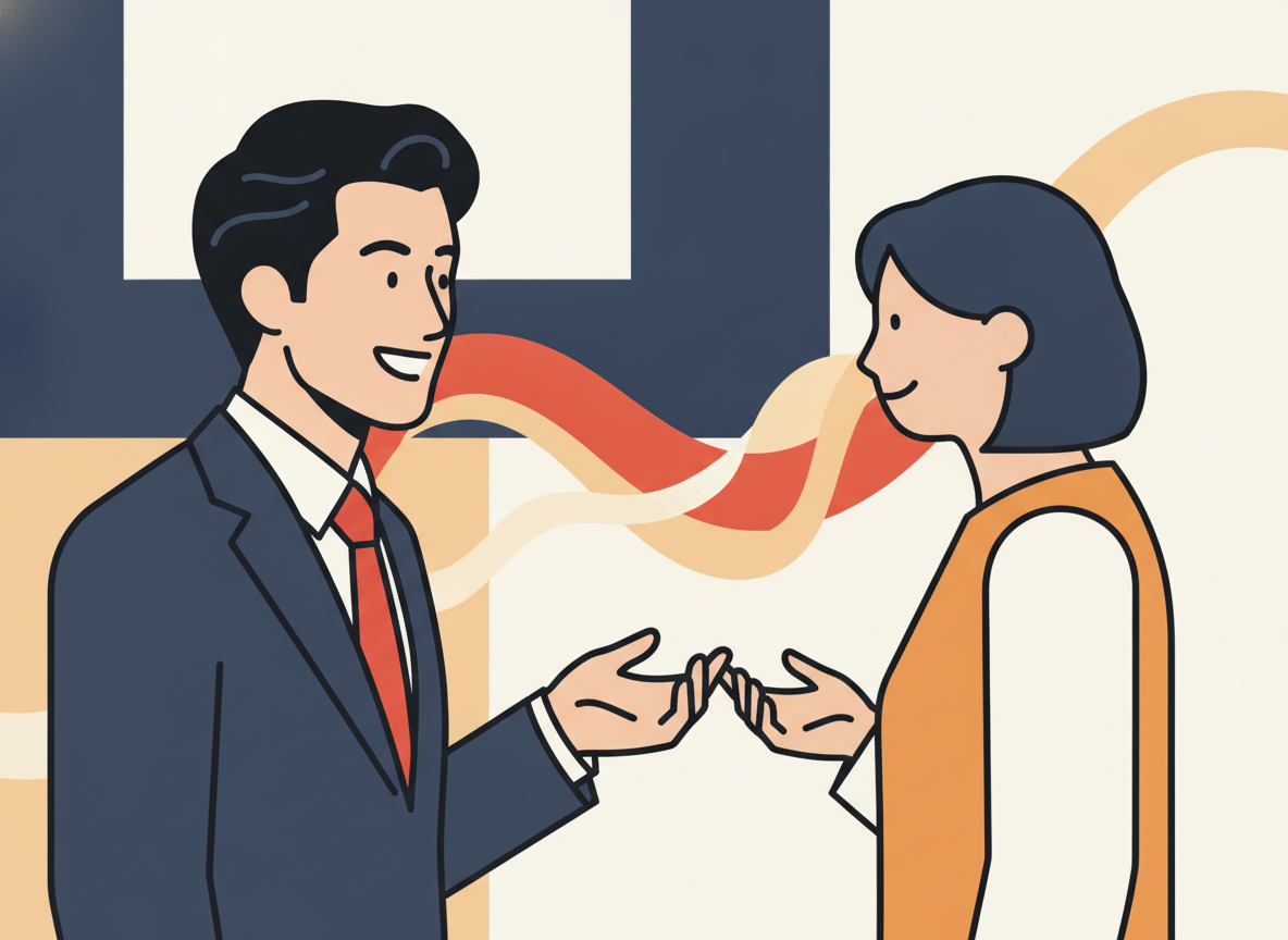 two people facing each other in conversation, abstract minimal illustration style