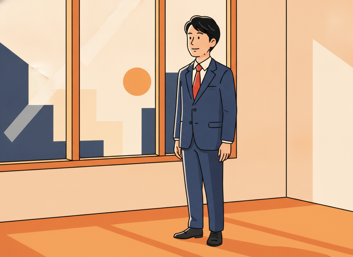 a person standing by a window in morning light, looking outside with a calm expression