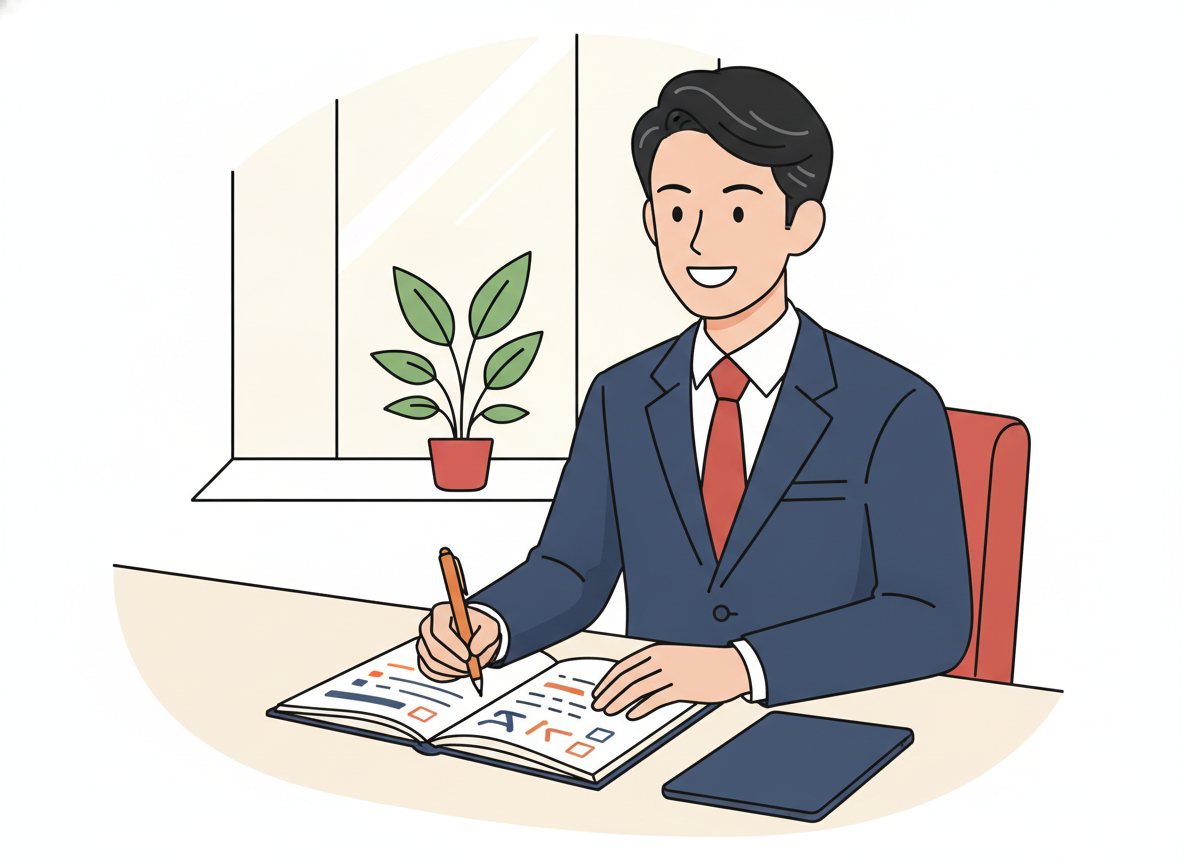 手帳に月曜日のToDoリストを書いているビジネスパーソンのイメージ
