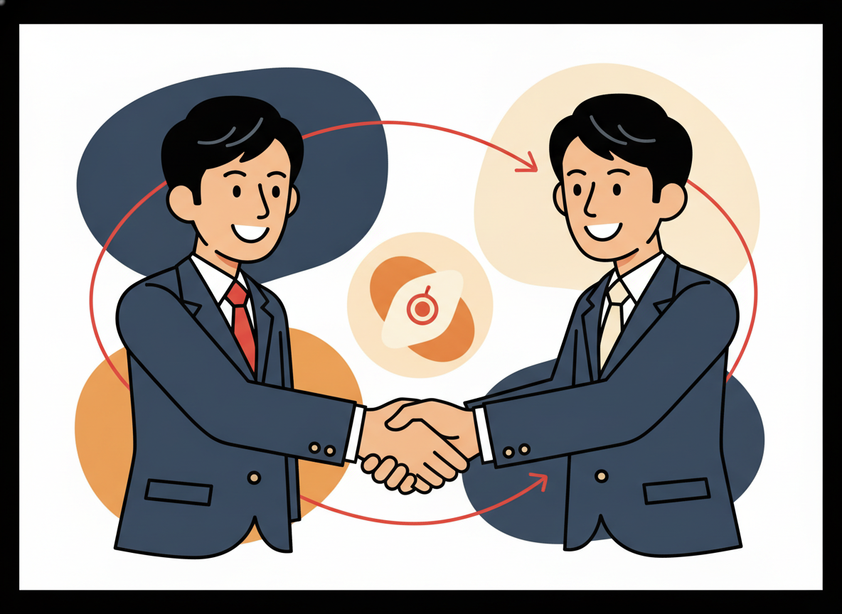 two people exchanging something in a warm handshake, abstract illustration style