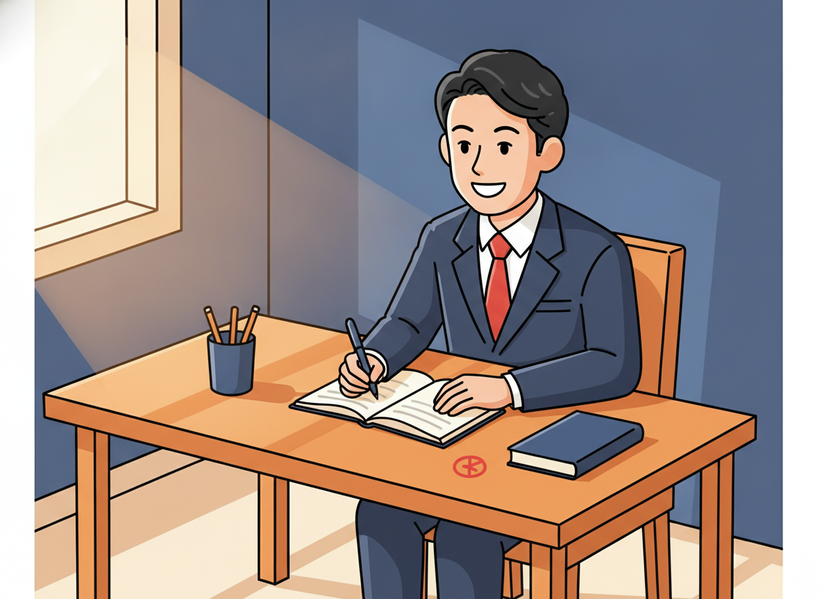 a person writing in a journal at a calm wooden desk, soft morning light