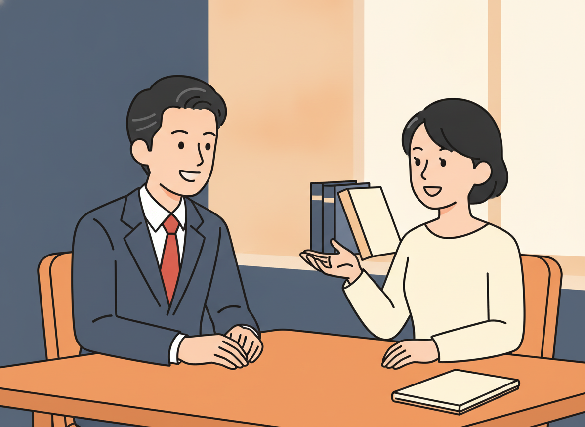 a calm person listening attentively to another person across a table, illustration style