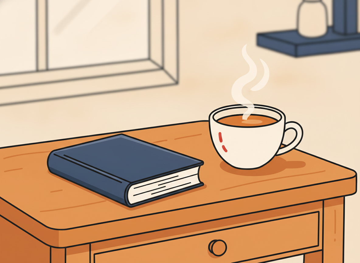 a vintage desk with a classic book and a cup of coffee, soft focus
