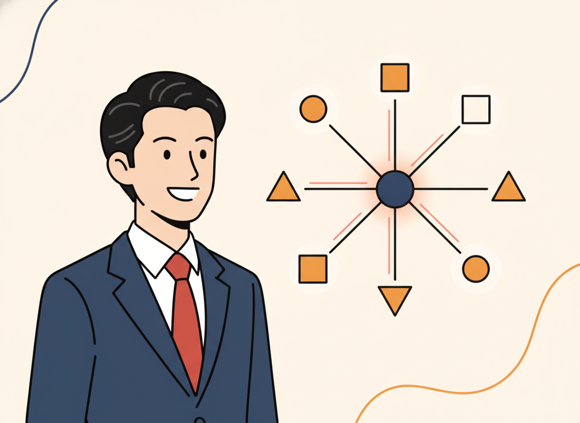 abstract minimalist illustration of a person looking at interconnected nodes, representing contribution