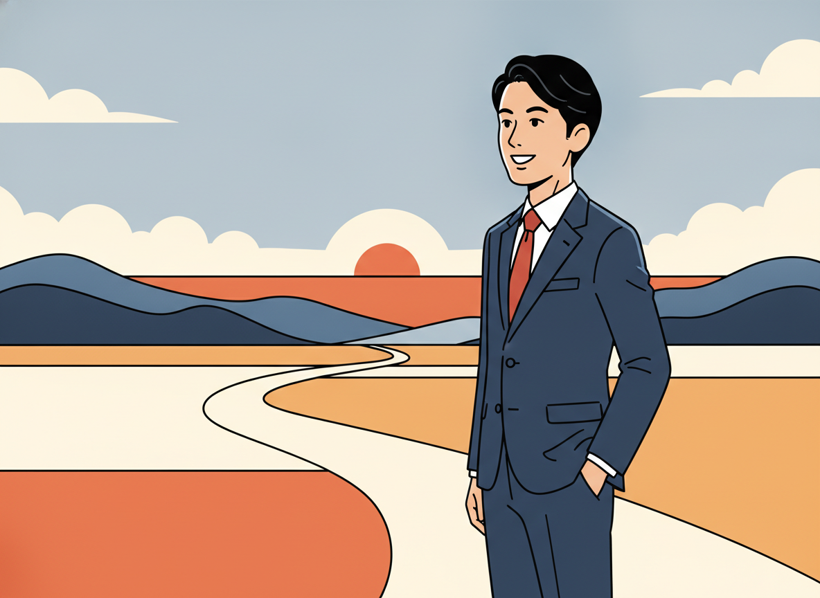 a person standing at a fork in the road in an abstract landscape, looking toward an open horizon