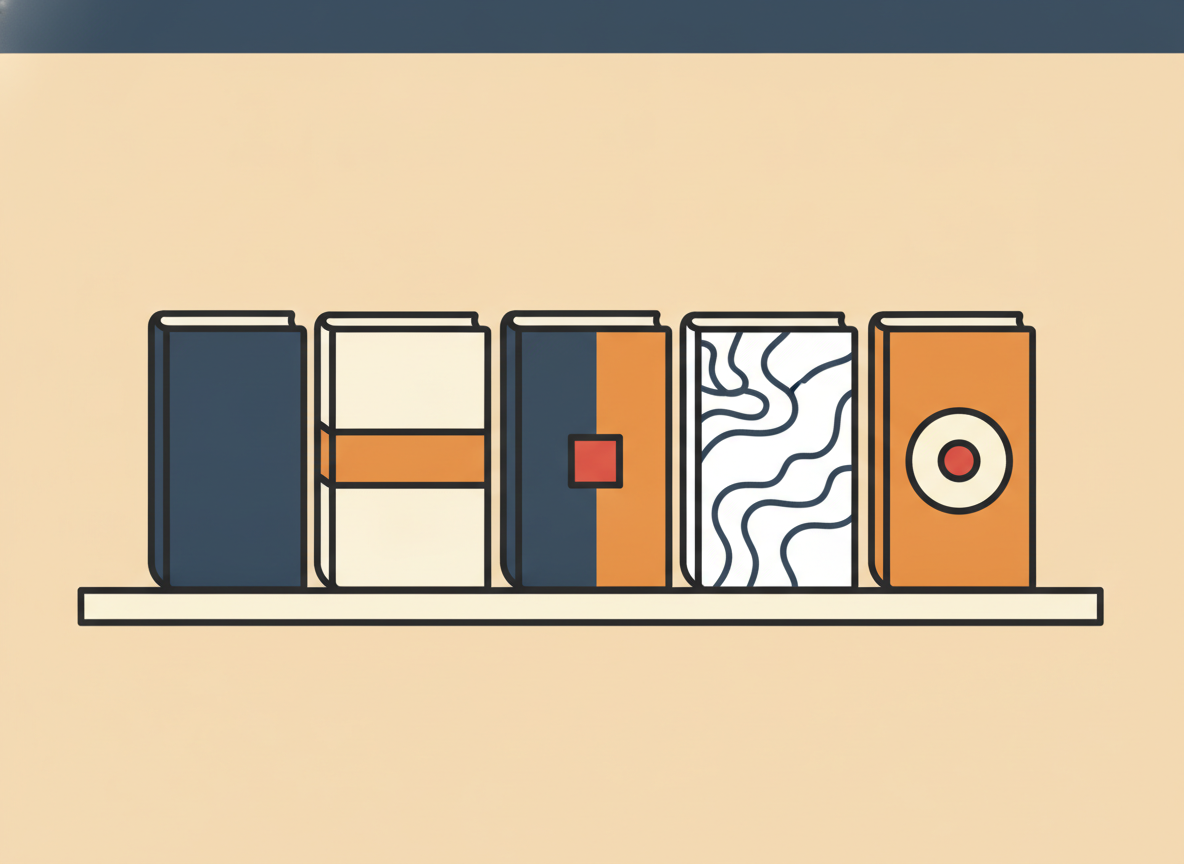 five abstract book-shaped silhouettes arranged in a row on a shelf, minimal illustration