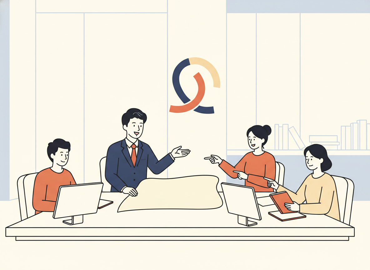 a group of people collaborating around a table in a bright modern space, abstract style