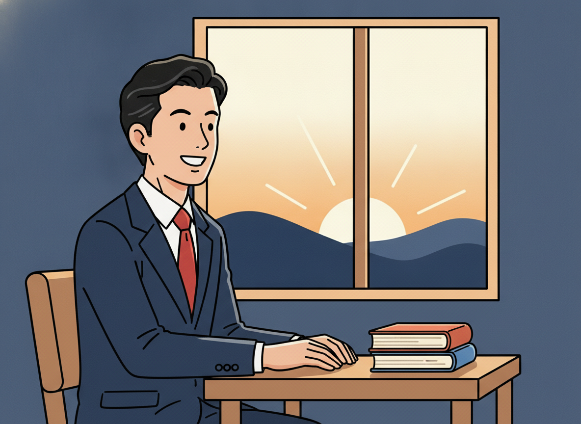 a person at a wooden desk surrounded by a small stack of books, looking out a window in morning light