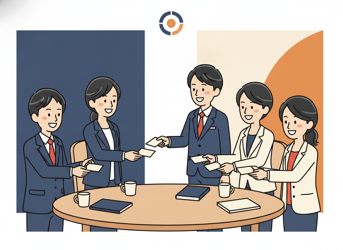 BNIミーティングのイメージ・円卓での名刺交換風景