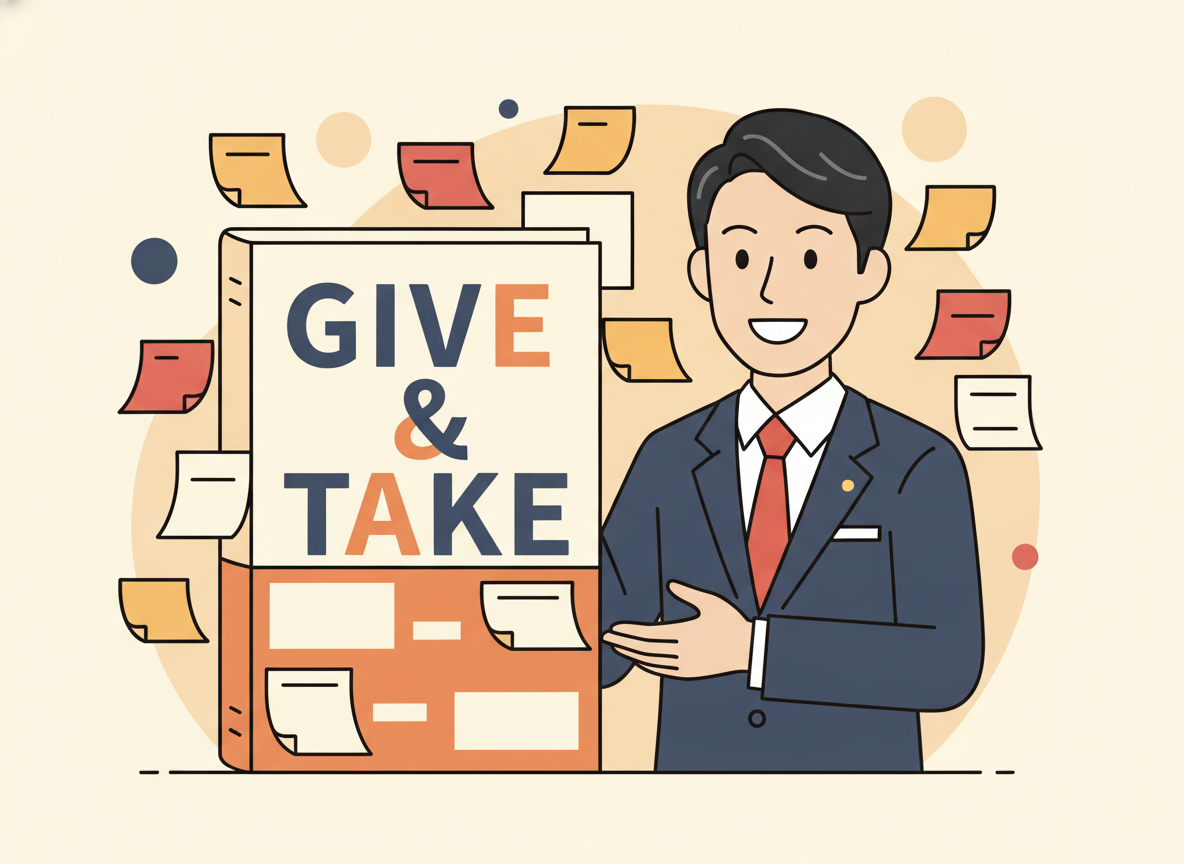 GIVE & TAKEの表紙と付箋がたくさん貼られた様子のイメージ
