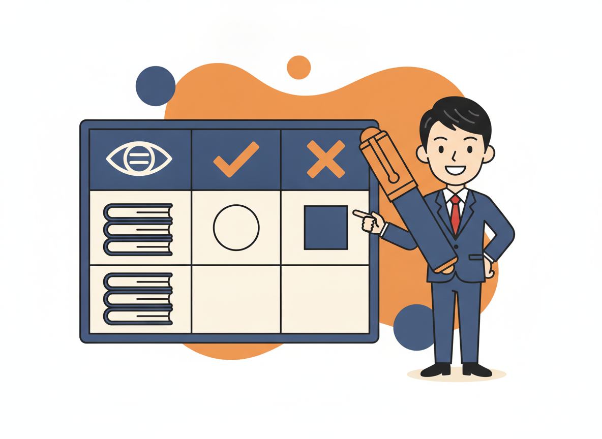 書籍比較表のイメージ・表とペンのイラスト