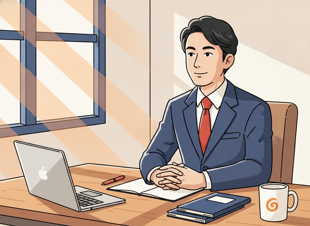 a person sitting at a wooden desk in soft morning light, looking thoughtful