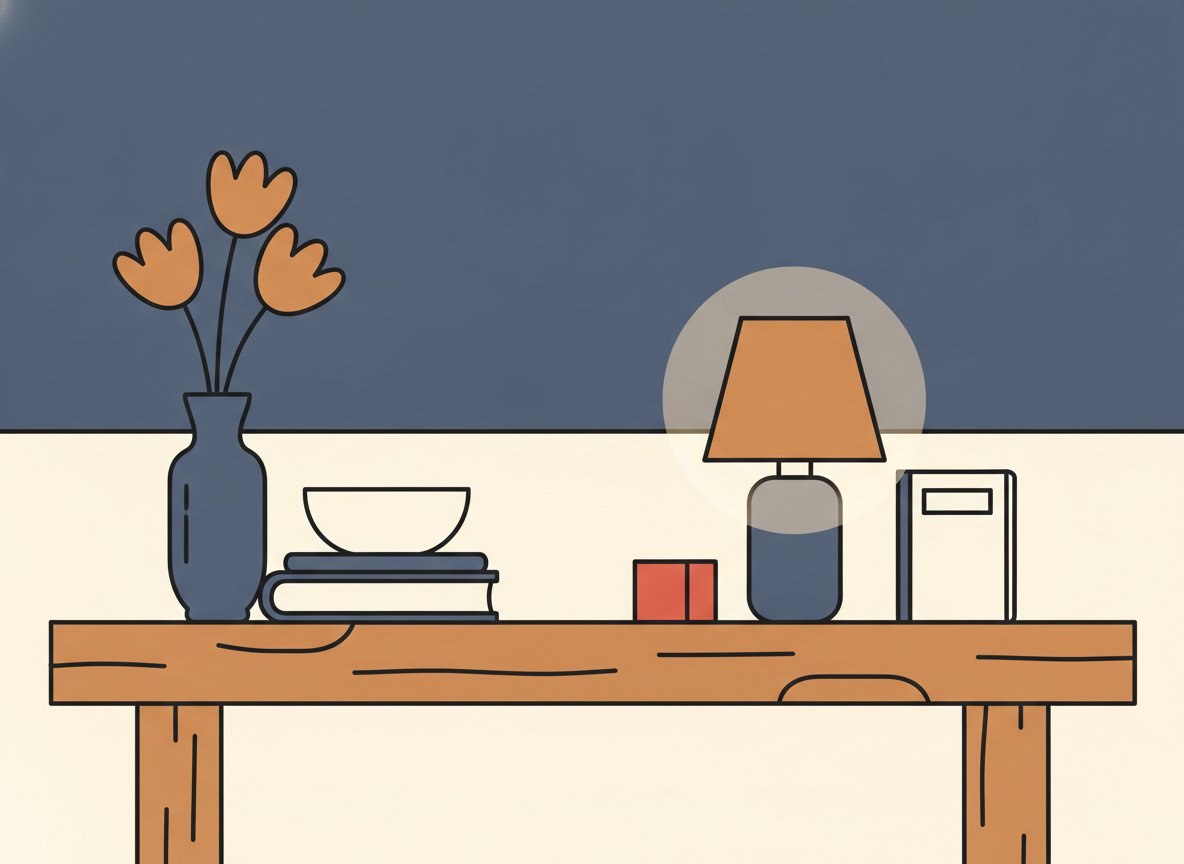 a wooden table with two groups of simple objects arranged separately