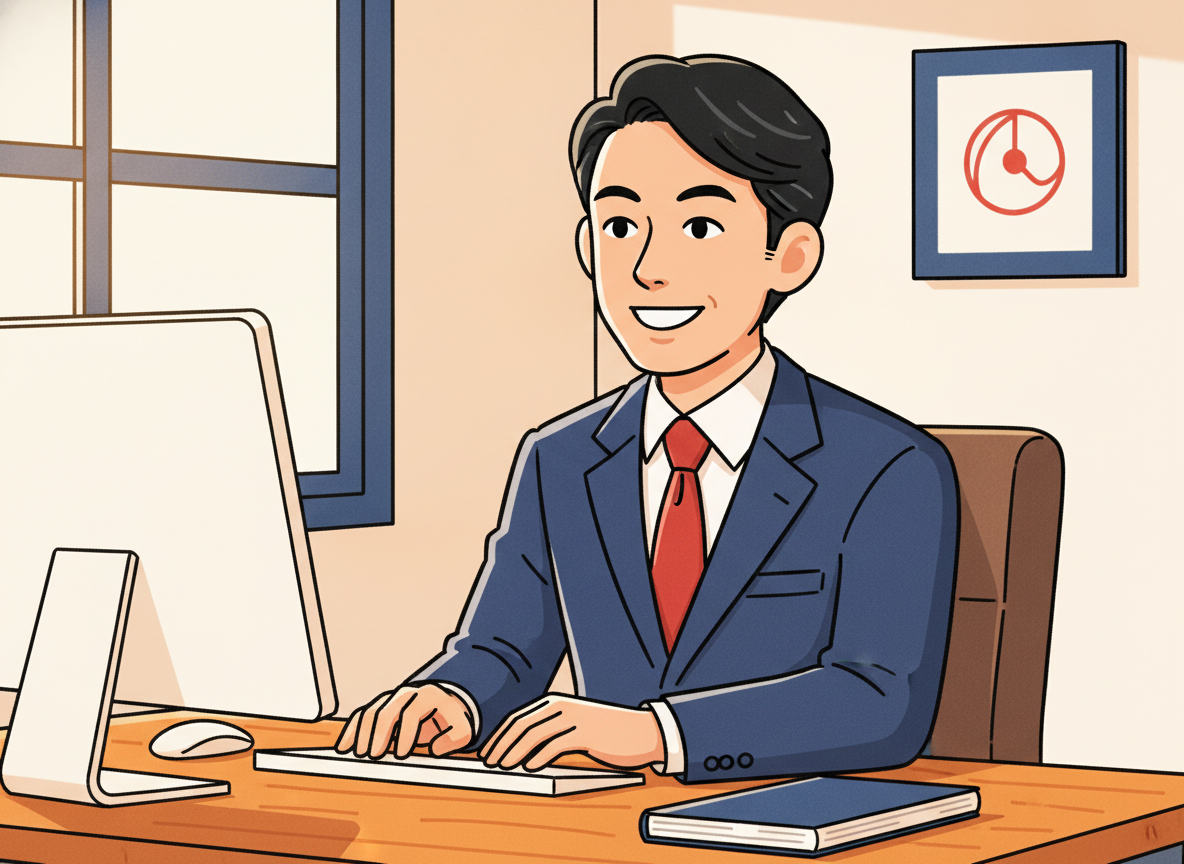 a person at a wooden desk in warm light, hands resting near a keyboard, thoughtful expression