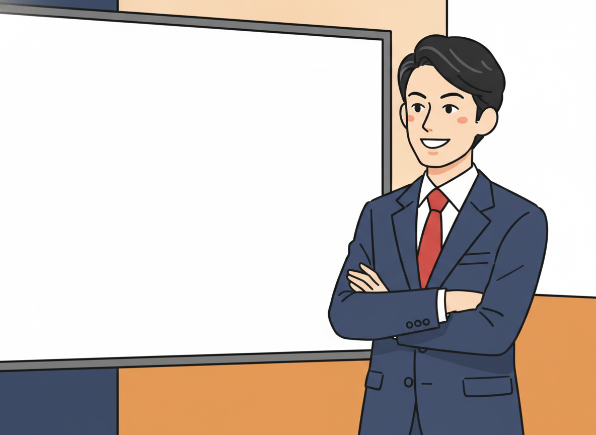 a person looking at an empty whiteboard, arms crossed, planning expression