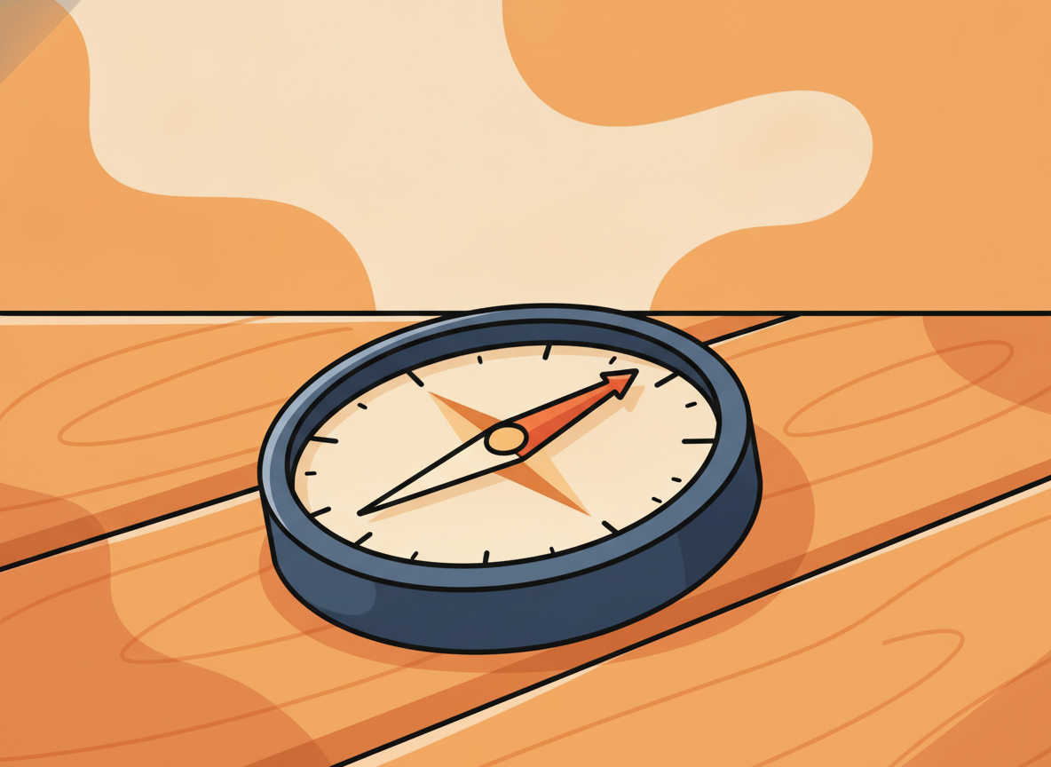 a compass on a wooden surface, close-up, warm natural lighting