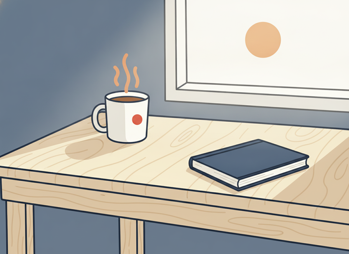 a tidy wooden desk with a single cup of coffee and a notebook, morning light