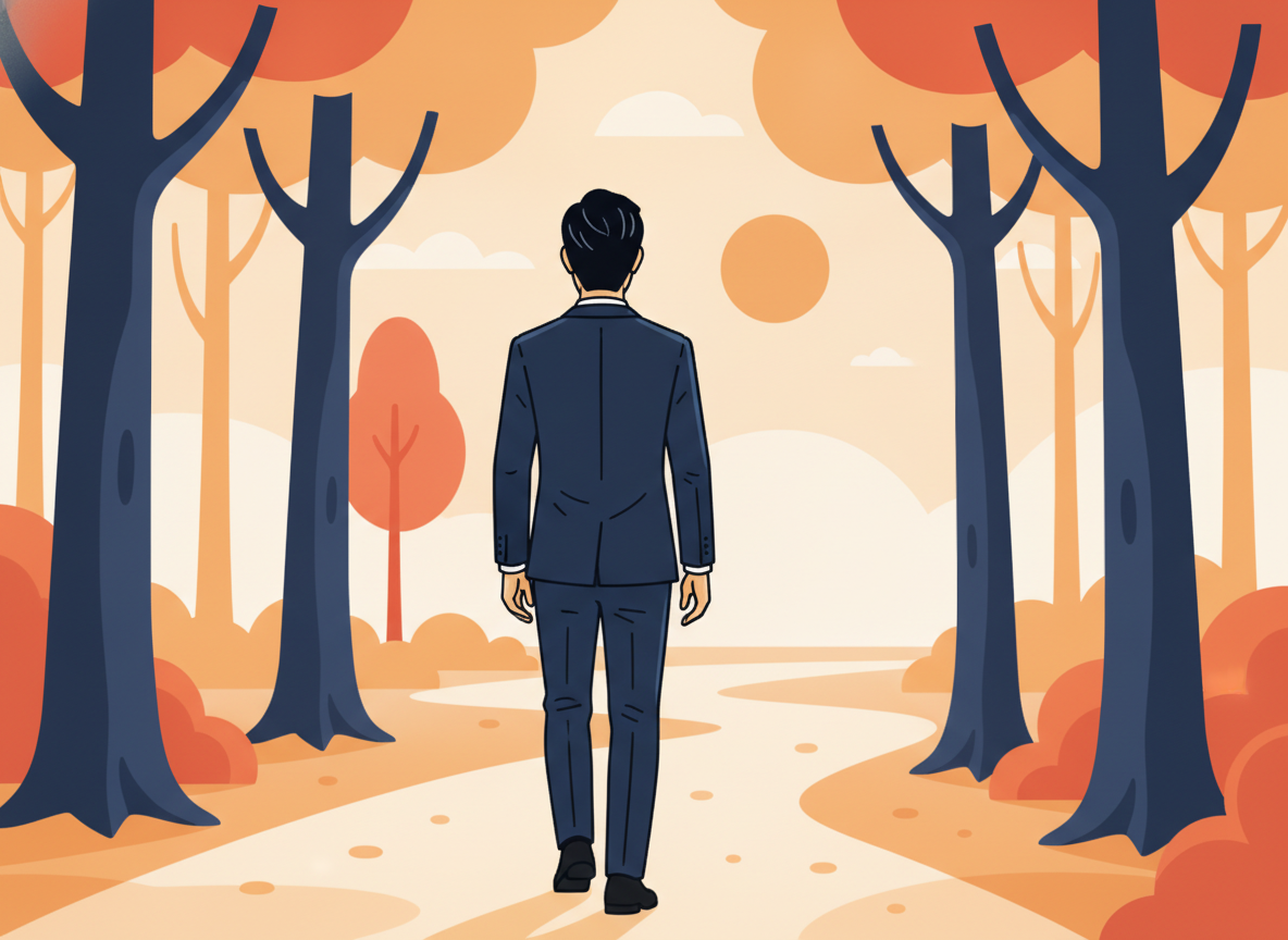 a person walking on a quiet path through trees, back view, natural morning light