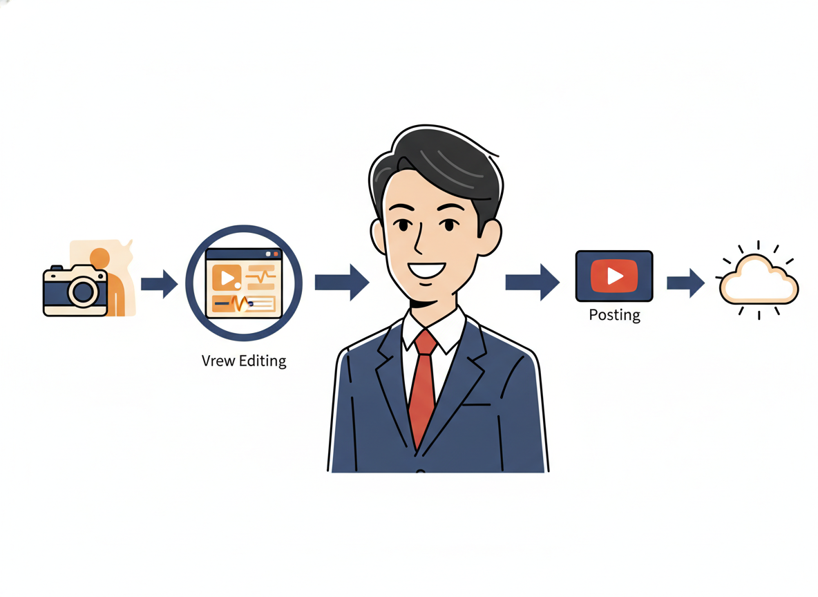 AI業務効率化の全体フロー図・撮影→Vrew編集→YouTube投稿→集客の矢印フロー