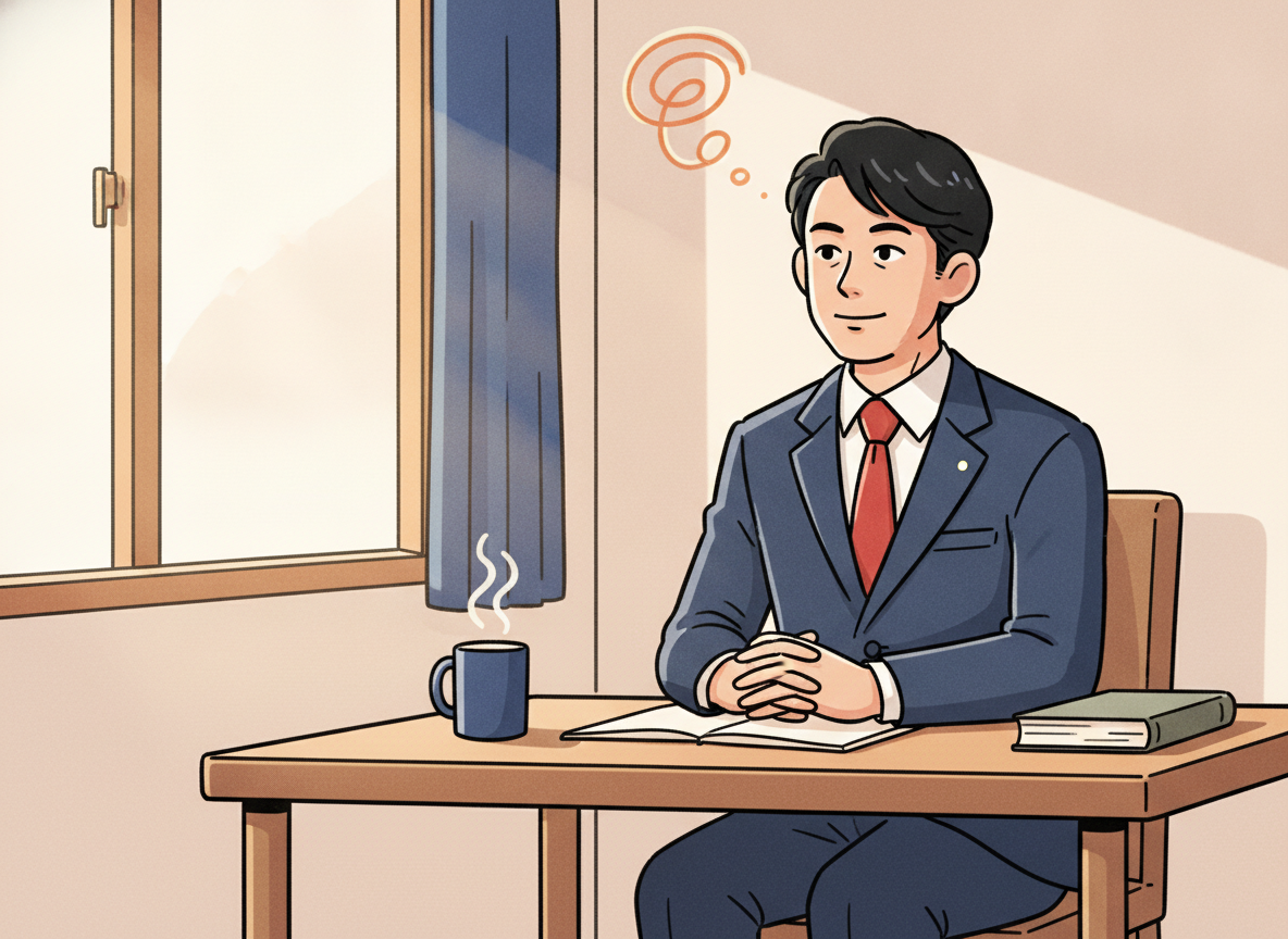 a person sitting alone at a wooden desk in dim morning light, looking thoughtful