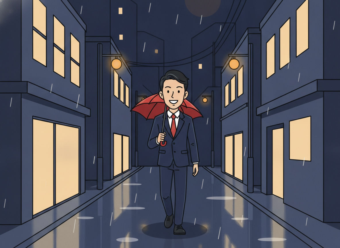 a quiet alley in a Tokyo business district at night, soft rain