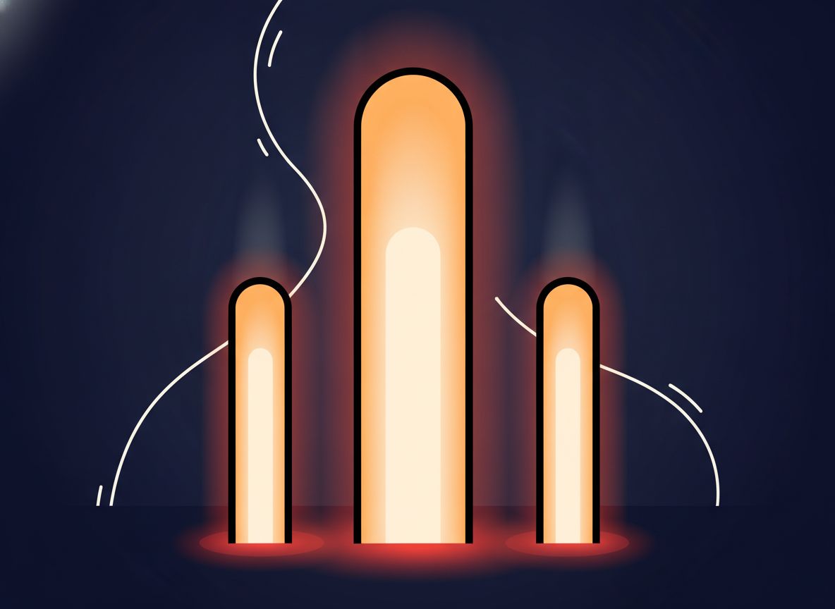 three glowing pillars of light on a dark gradient background, minimalist