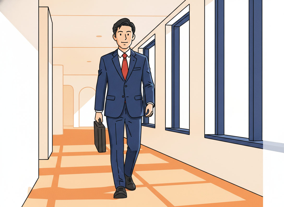 a confident person walking through a bright corridor, natural light from windows