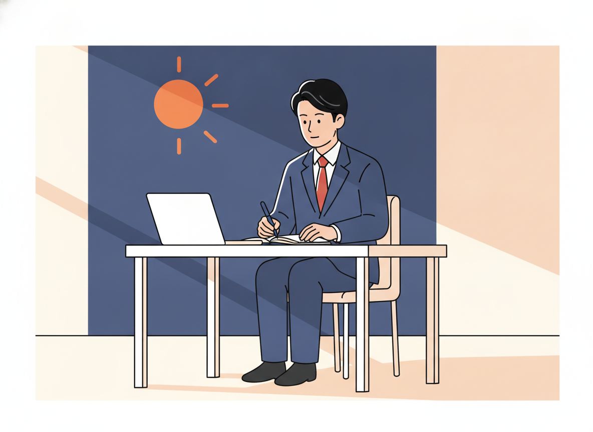 a person writing at a minimalist desk with morning light, focused expression