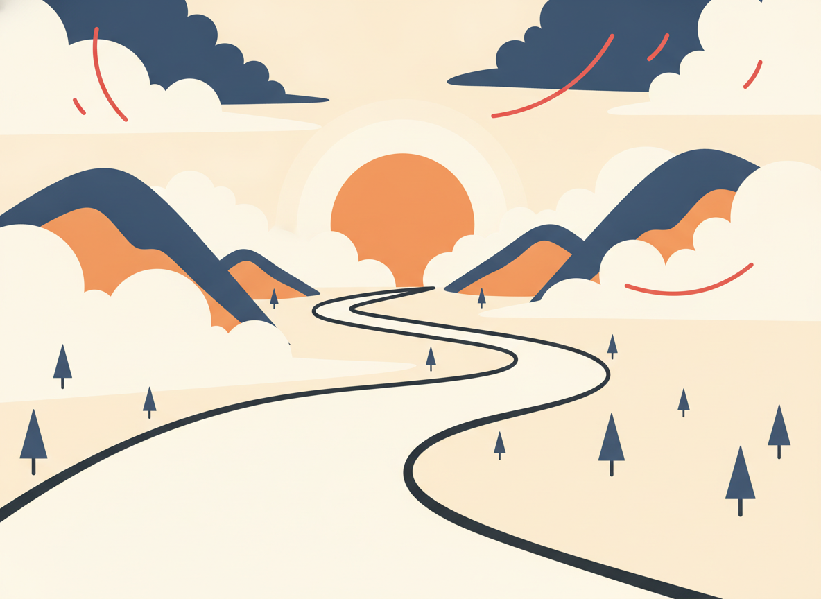 a fork in a misty mountain path, dawn light, no people