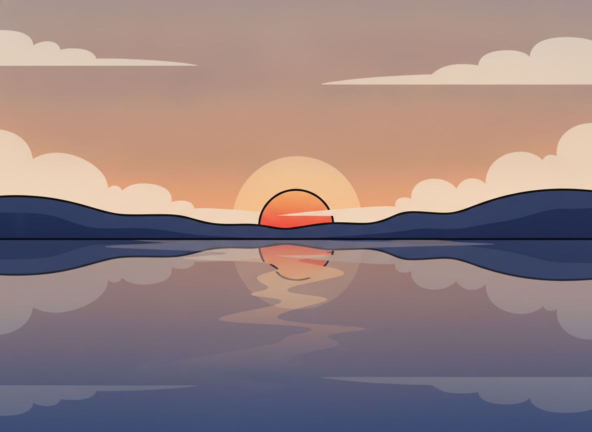 a calm lake reflecting soft sunset colors, minimalist, no people
