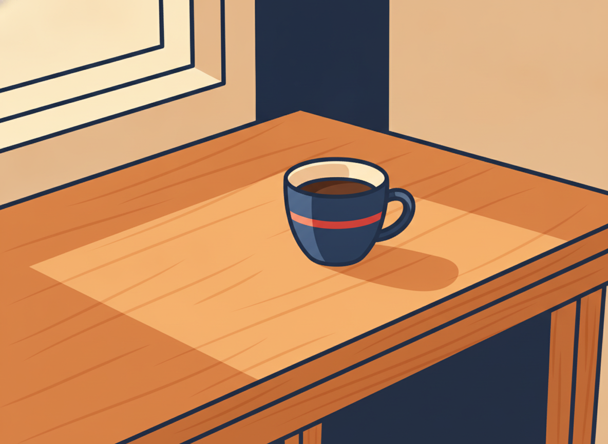 a tidy wooden desk with a single coffee cup and natural morning light, no books or screens