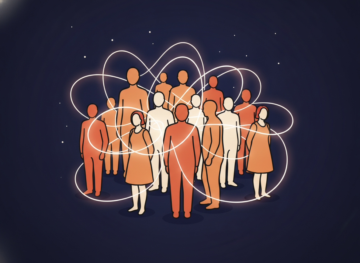 a group of abstract human silhouettes connected by glowing lines on dark background