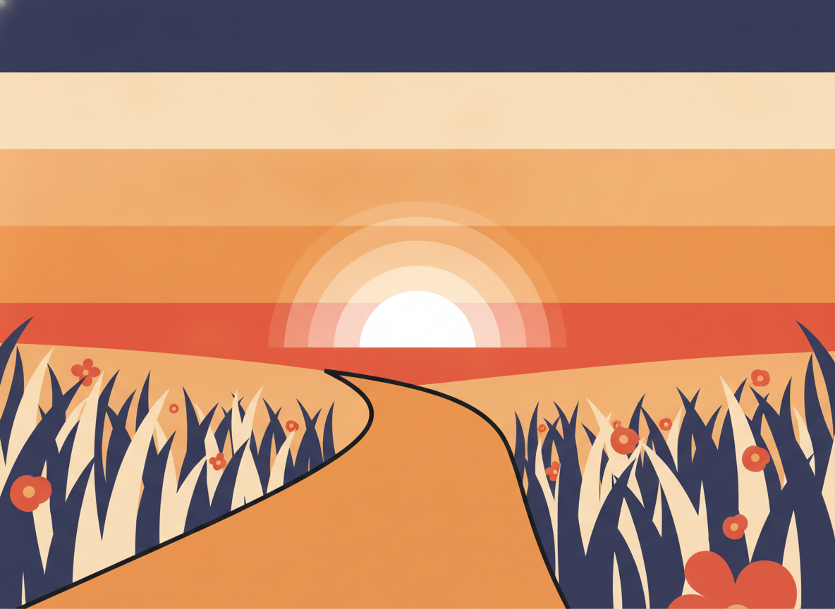 a single path leading toward a bright horizon in an open field, dawn light, no people