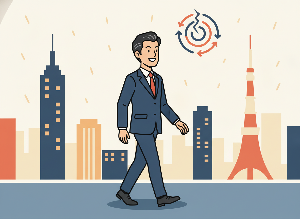 リーマンショック後の東京夜景と一人歩くスーツ姿の男性・絶望と再出発のイメージ