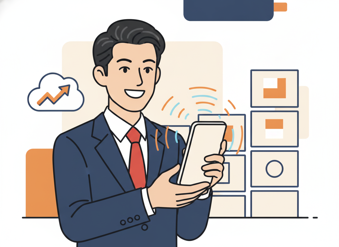 スマートフォンでSNS発信をする中年男性・情報発信と実績蓄積のイメージ
