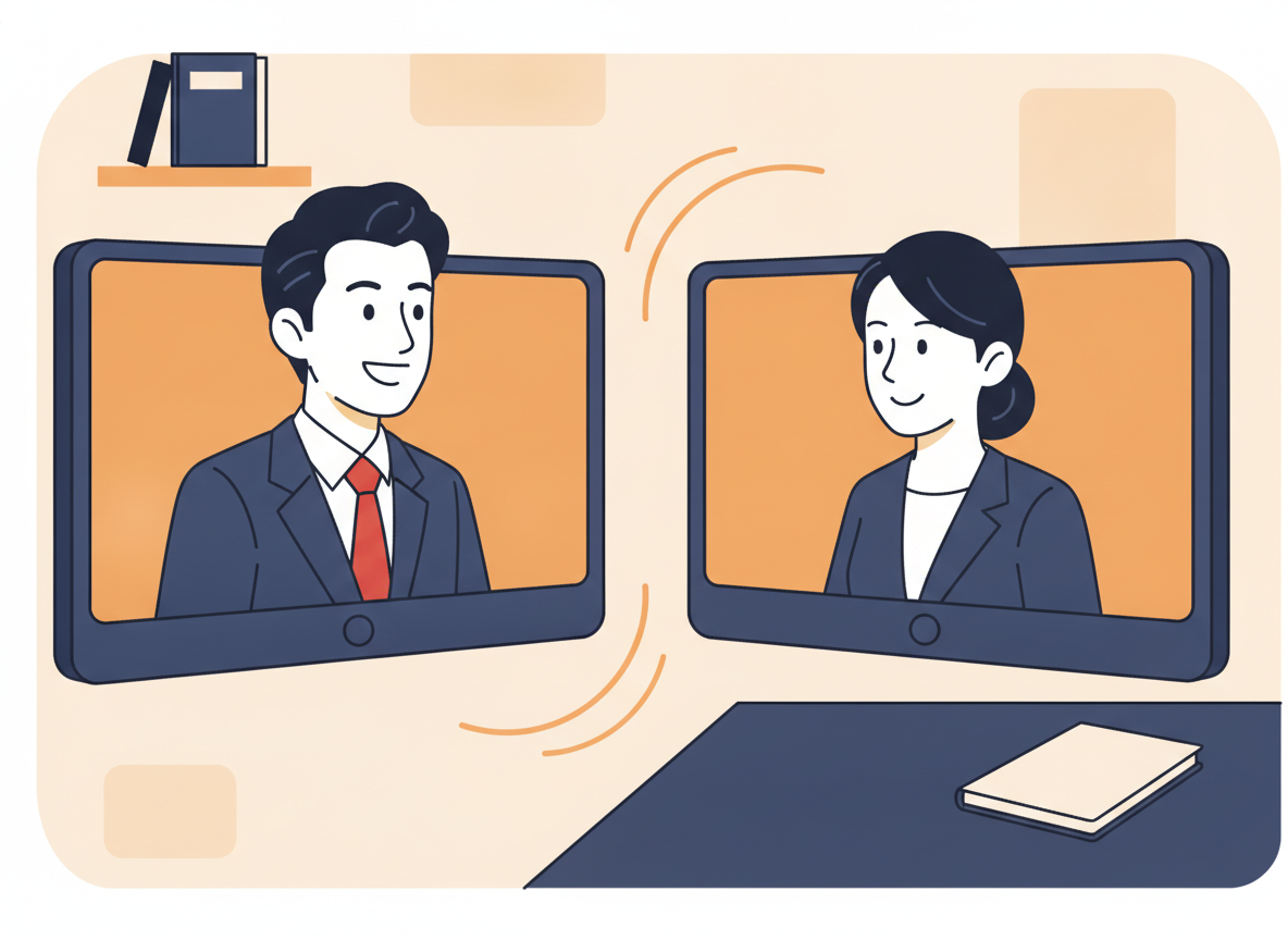 two people having a virtual meeting on separate screens, warm lighting